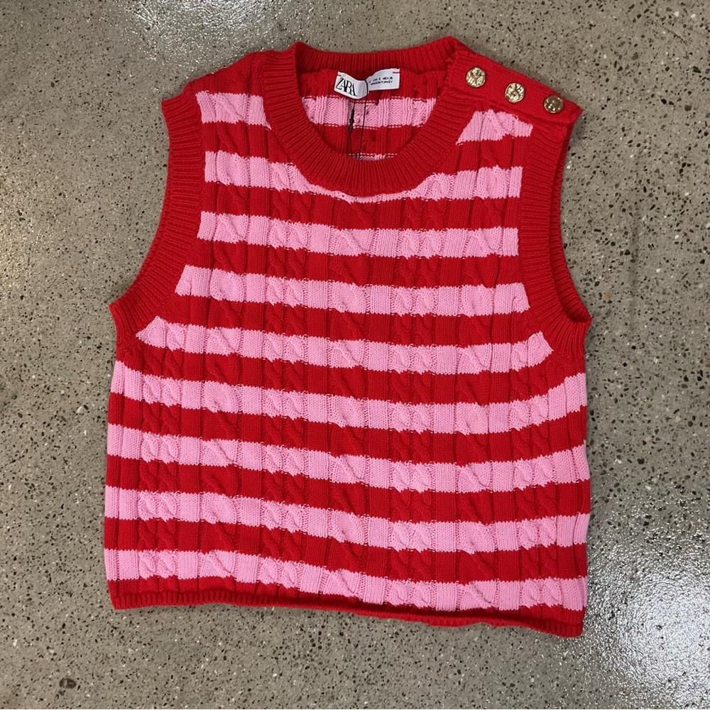 ZARA NWT Red and Pink Striped Knit Cottagecore Preppy Tank size S
